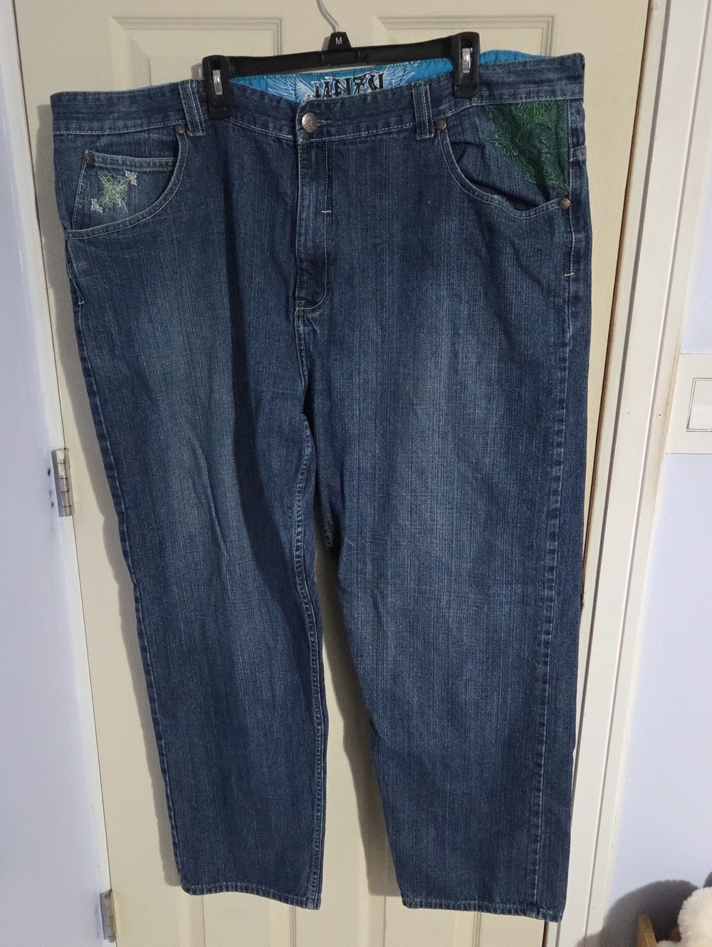 Affliction Men's Relaxed Blue Denim Jeans with Green Pocket Trim